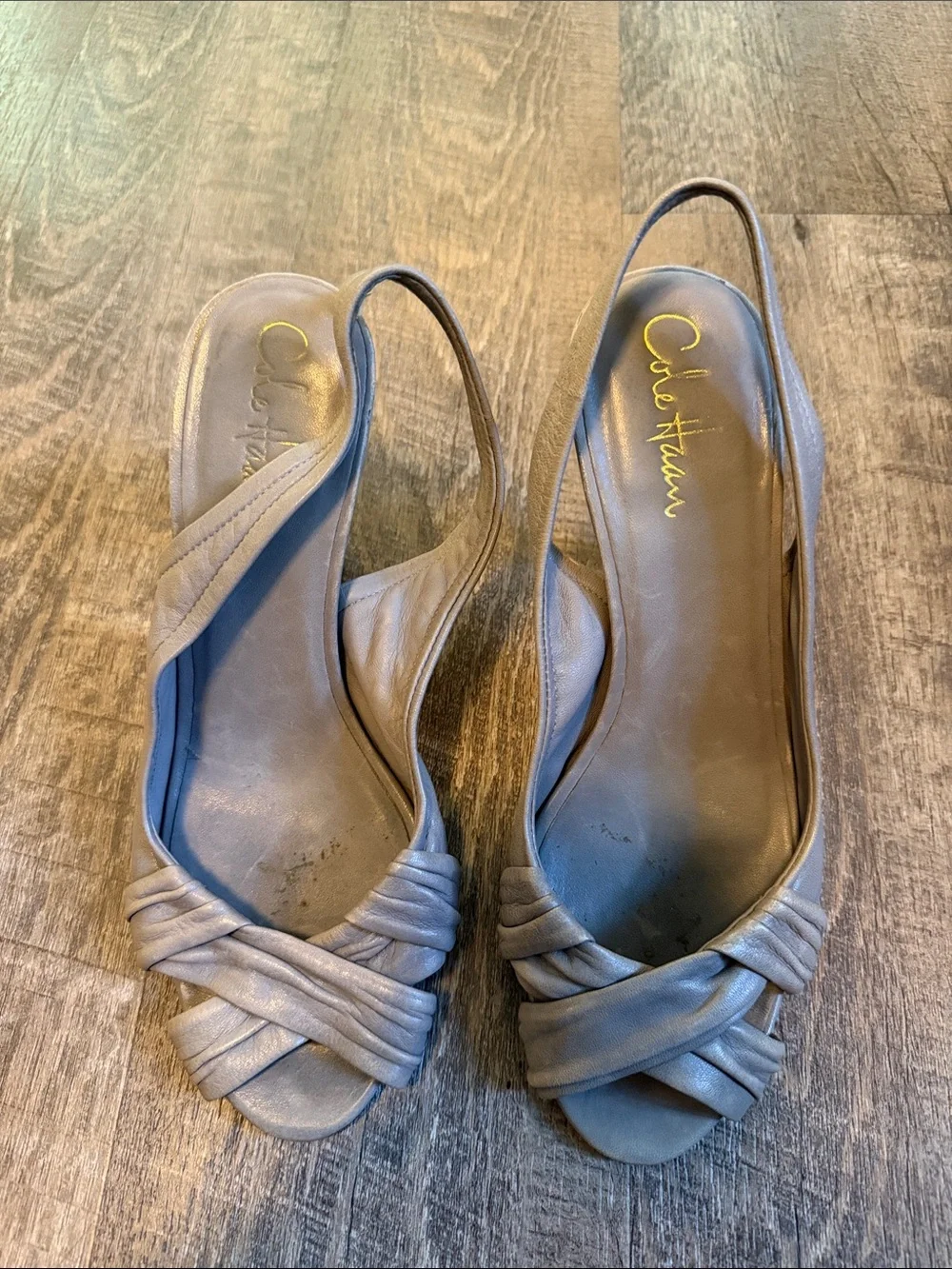 Cole Haan Taupe Leather Knot-Front Slingback Heels